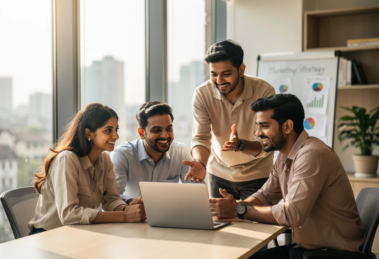 A digital marketing team in a Mumbai office reviewing a marketing strategy together