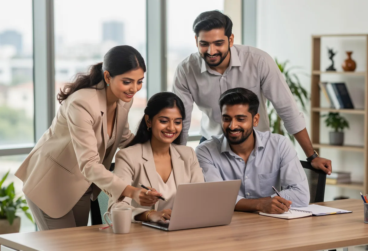 A digital marketing team in a modern Pune office collaborating around a laptop