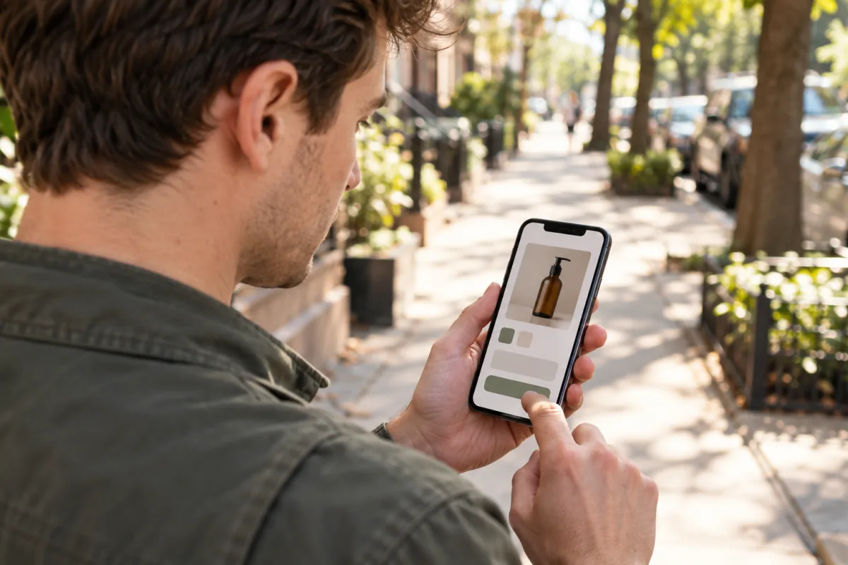 Over-the-shoulder view of a young man on a tree-lined city sidewalk tapping through a mobile checkout for a skincare bottle