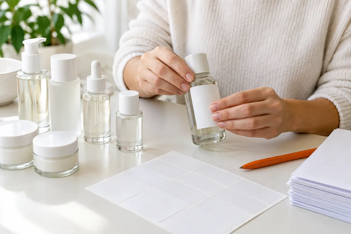 Hands press a blank white label onto a clear glass skincare bottle beside a sheet of blank labels and an orange pen