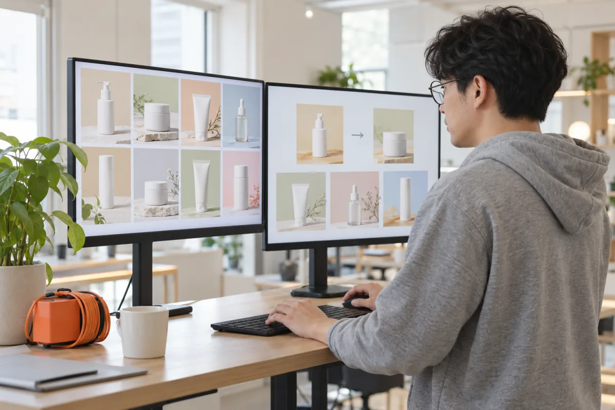 A developer in glasses and a gray hoodie compares two grids of skincare product photos across two monitors at a standing desk