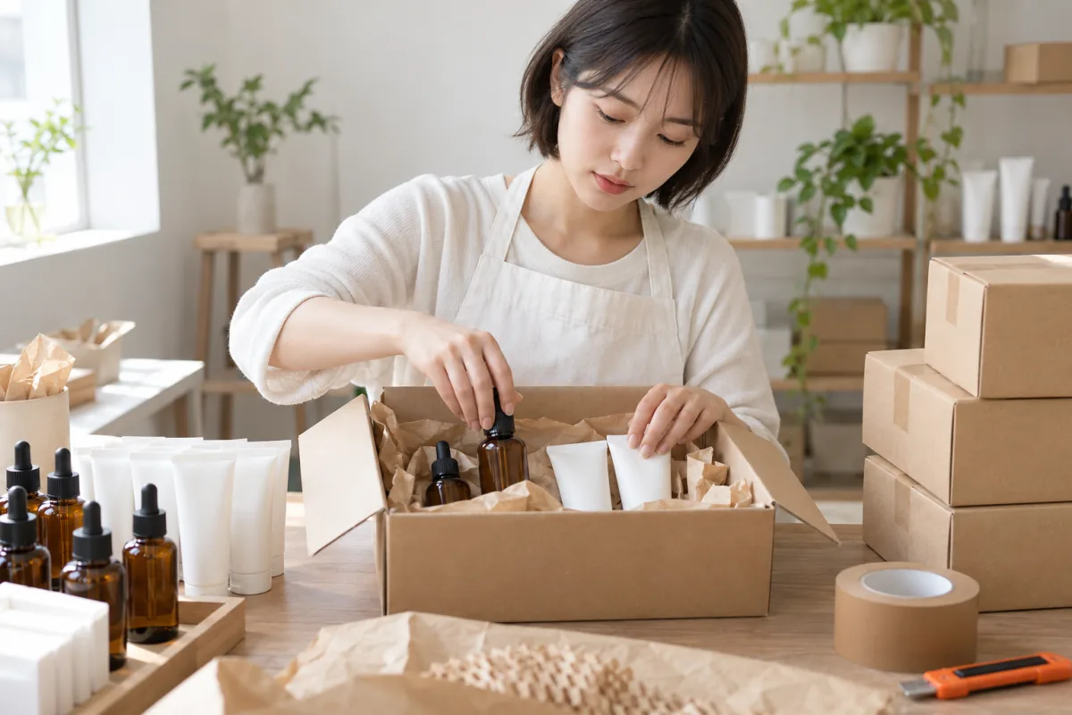 A young Korean woman in an apron packs plain amber dropper bottles and white tubes into a kraft shipping box