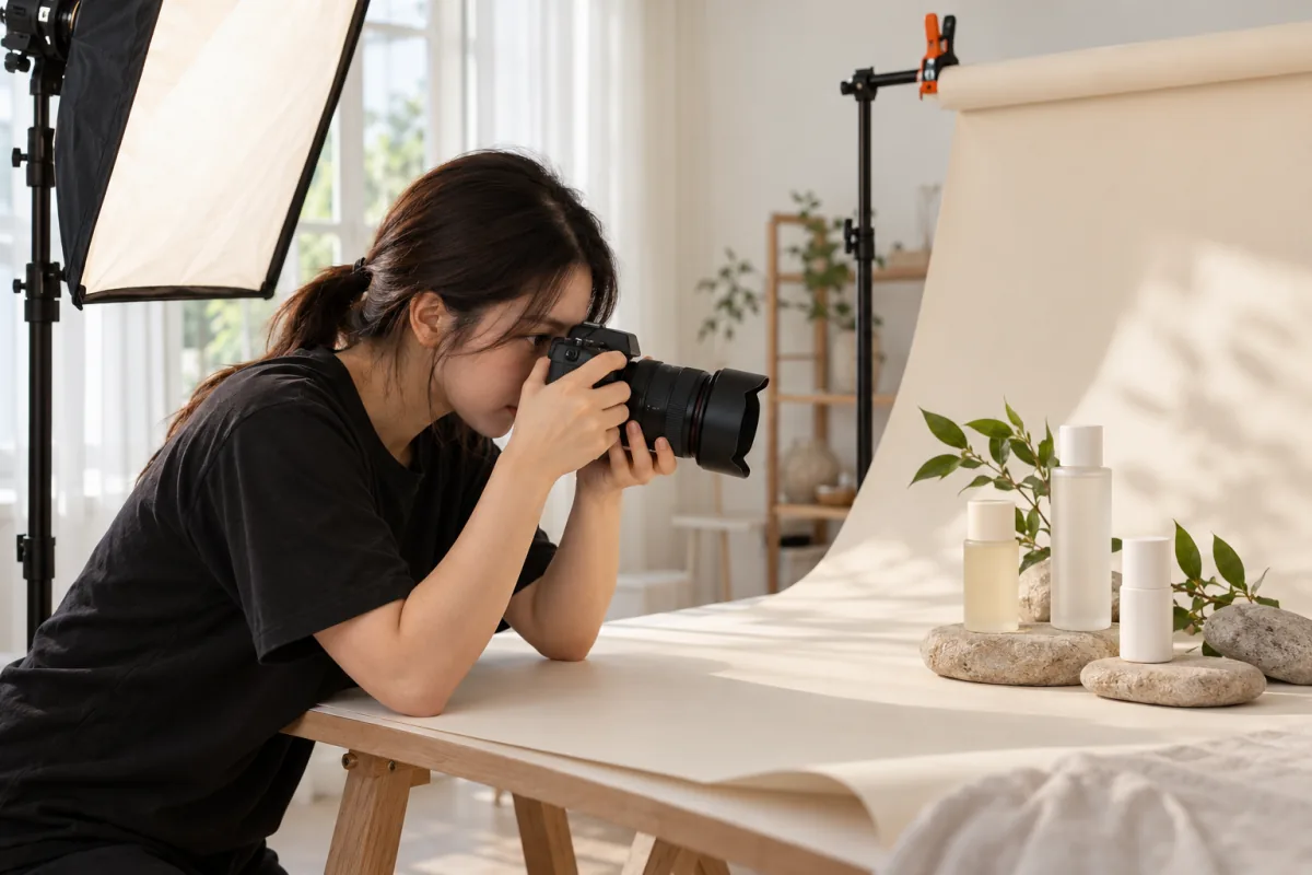 A photographer leans on a table to shoot three plain skincare bottles arranged on smooth stones against a cream paper backdrop