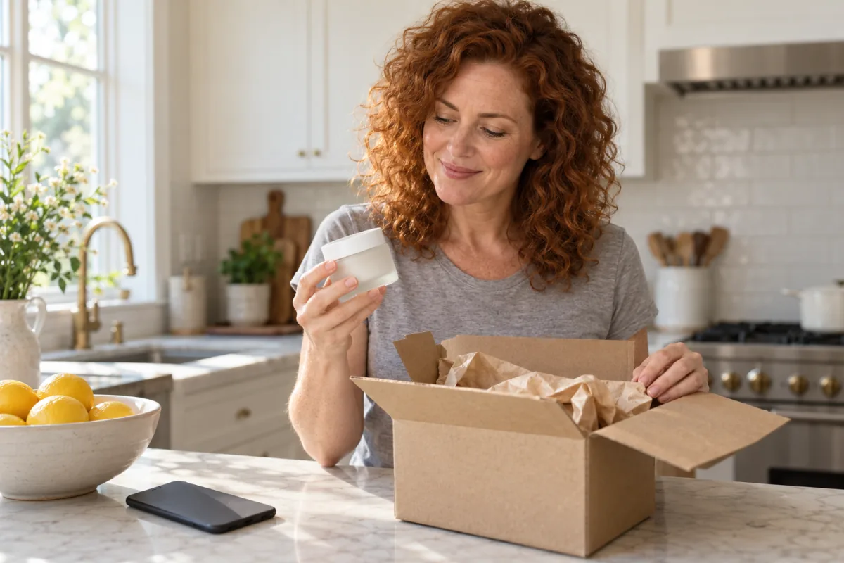 A woman with curly auburn hair smiles as she lifts a plain frosted glass jar out of a kraft parcel in a sunny kitchen