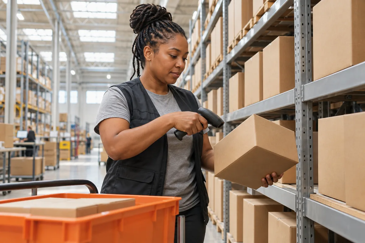 A woman in a plain dark vest scans a plain kraft box between metal shelves in a bright warehouse, an orange tote on a cart beside her
