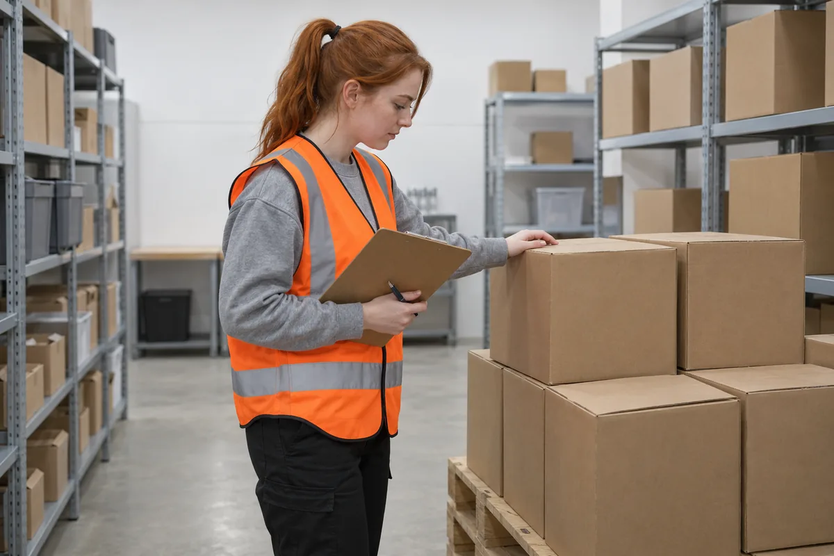 A woman in an orange high-visibility vest holding a clipboard and resting one hand on a stack of plain cardboard boxes in a stockroom