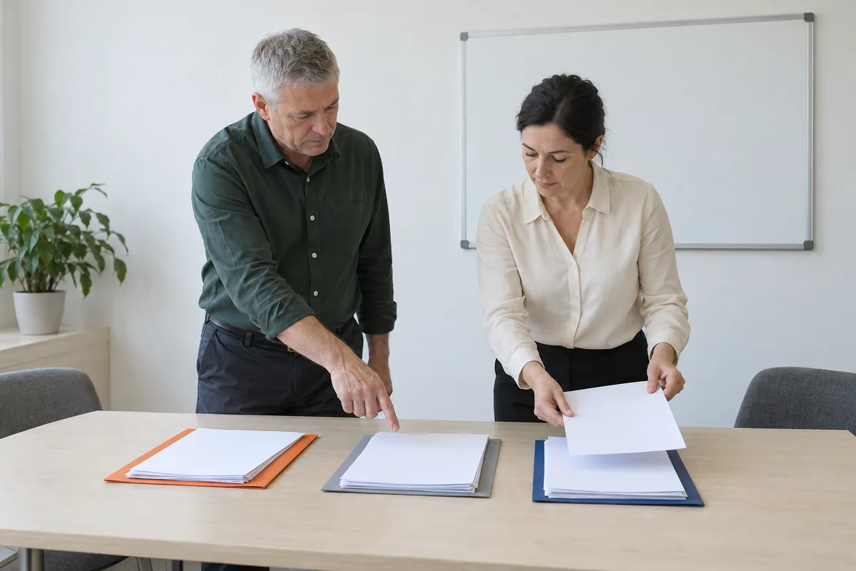 A man in a green shirt and a woman in a cream blouse standing at a table sorting white paper into three piles on orange, grey and blue folders