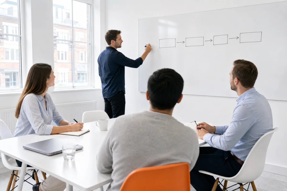 A small AI strategy workshop in a bright UK office, with a consultant drawing a simple four-step process flow on a whiteboard
