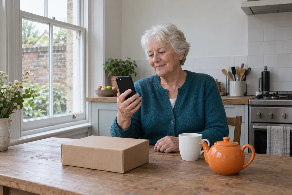 A woman with short white hair sits at a kitchen table looking at her phone, with a cardboard parcel, a white cup and an orange teapot in front of her