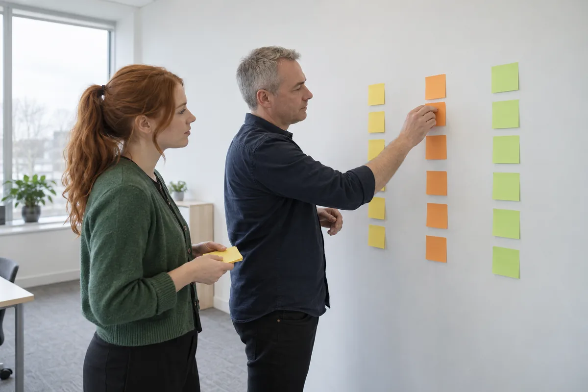 A man presses an orange sticky note onto a wall beside columns of yellow and green notes while a woman holding a stack of yellow notes watches