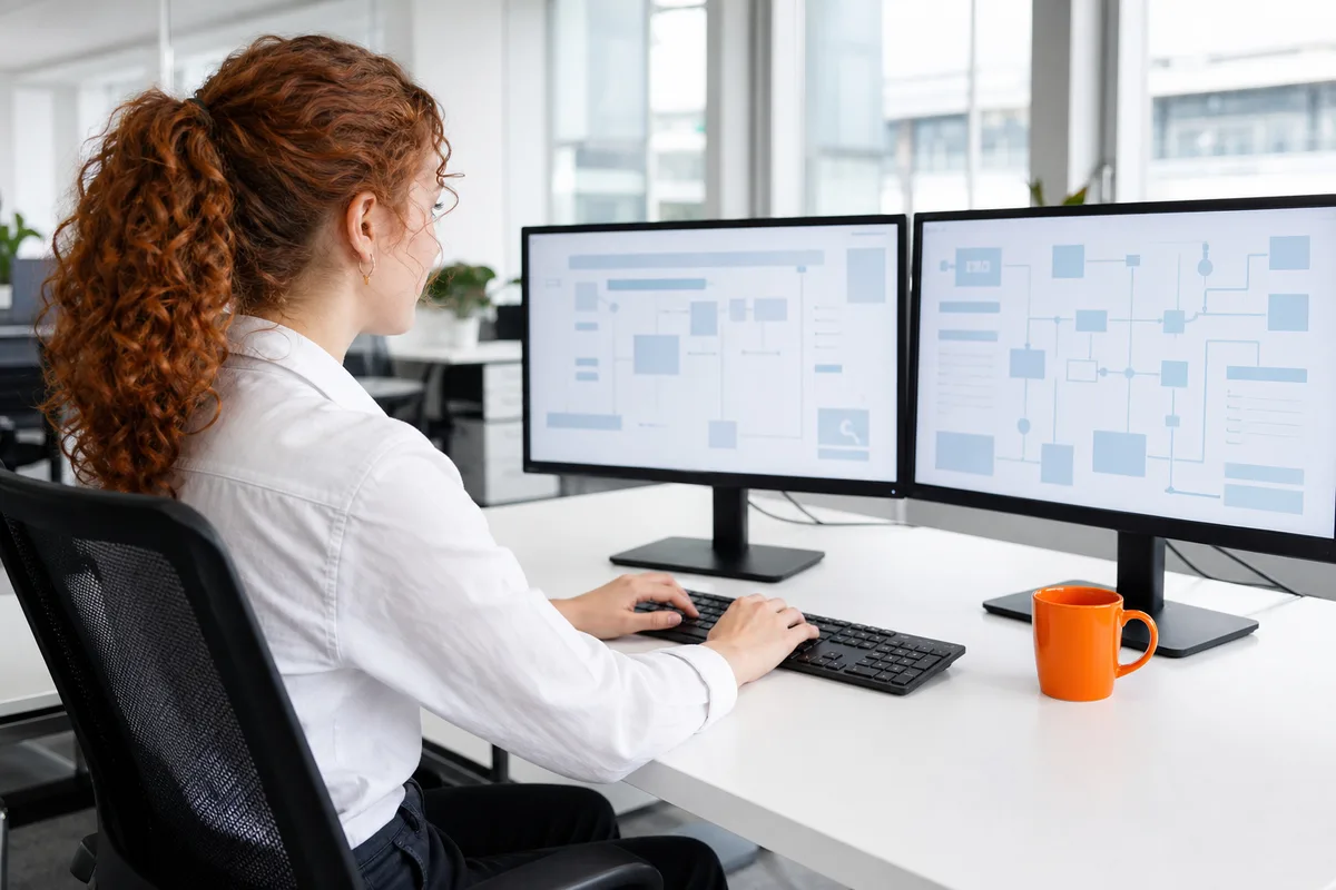 A FactoryJet AI engineer at a desk with two monitors showing the connected building blocks of a custom AI system