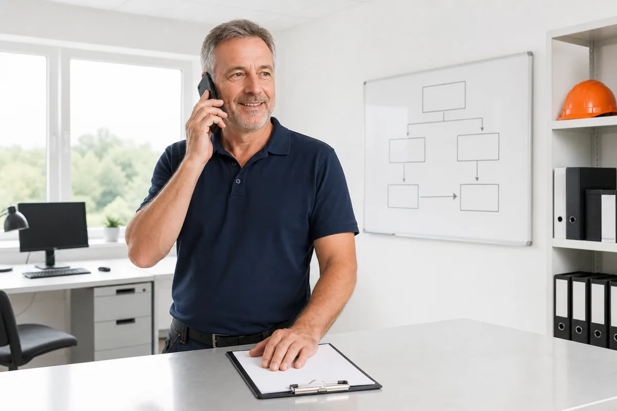 A UK tradesman taking a call in his office, next to a whiteboard showing a simple call flow of connected boxes
