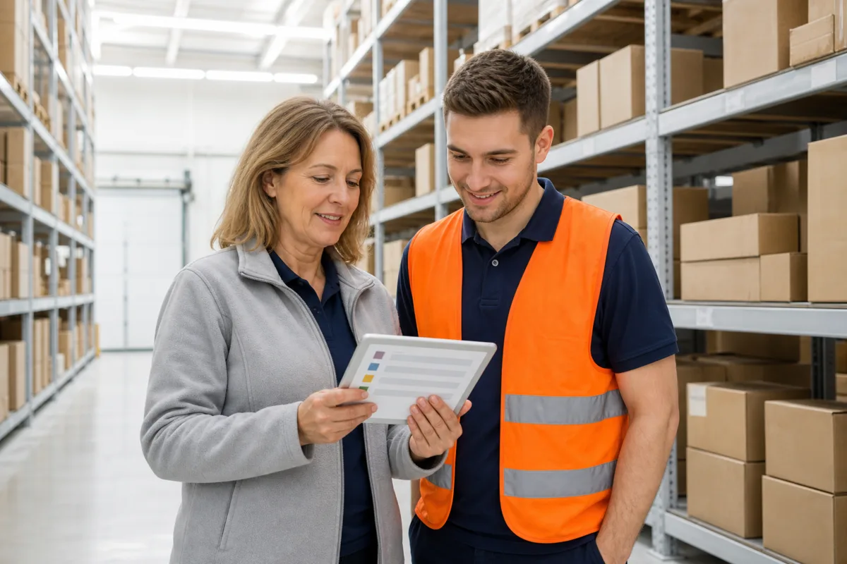 Two colleagues in a UK warehouse aisle checking a trade order on a tablet, between racks of boxed stock