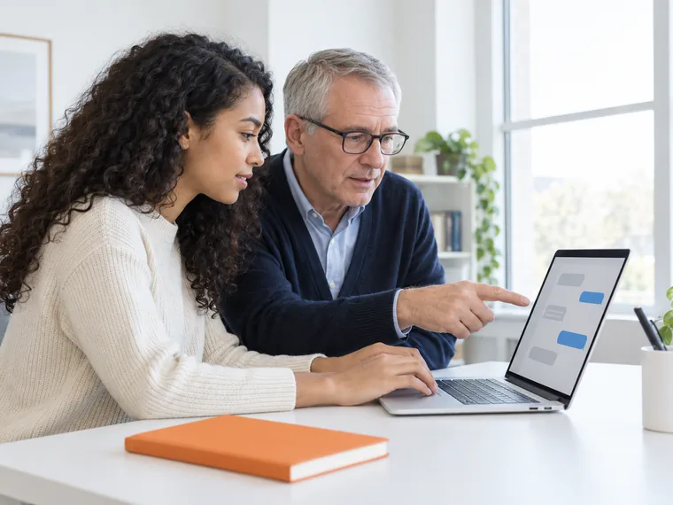 Two people at a desk looking at a laptop whose screen shows a chat layout of blank rounded bars, one typing and the other pointing at the screen
