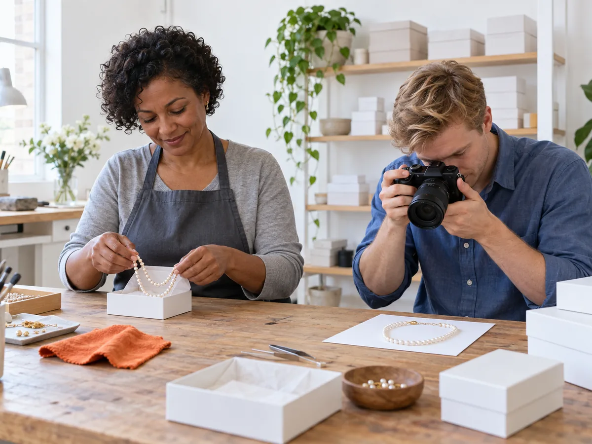 A woman placing a pearl necklace into a plain white box at a workshop bench while a man photographs another necklace