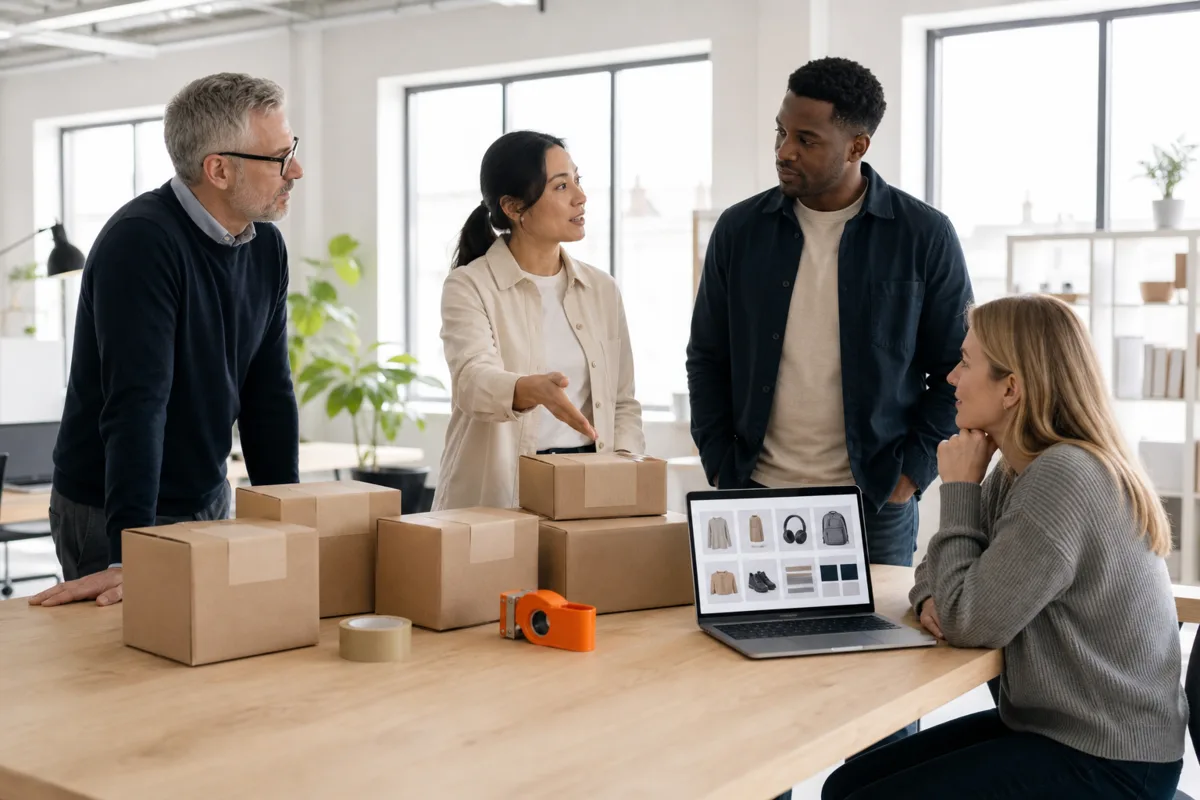 A small UK ecommerce team talking around a table with packed parcels, packing tape and a laptop showing product photos