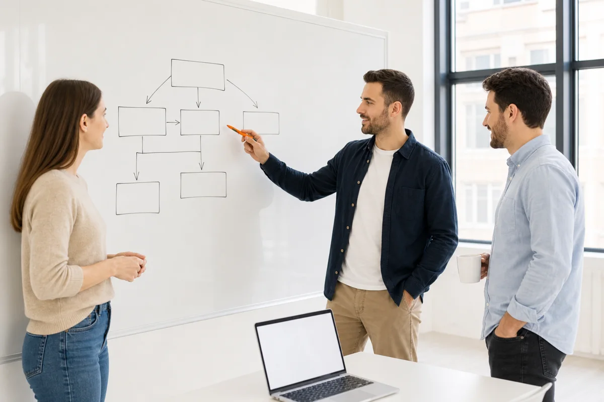 Three members of a UK ecommerce engineering team planning a store architecture on a whiteboard