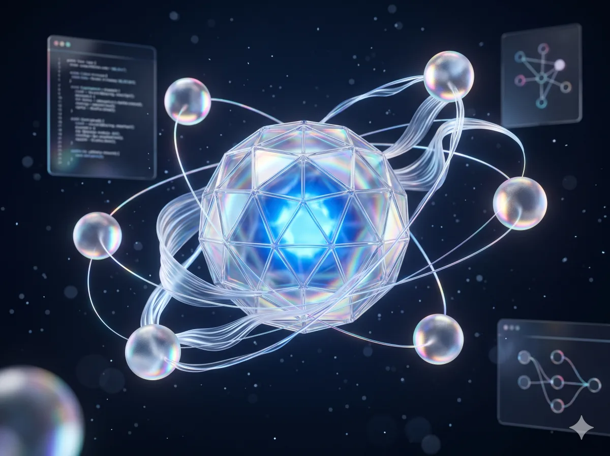 Glowing neural network of crystal orbs representing AI agents