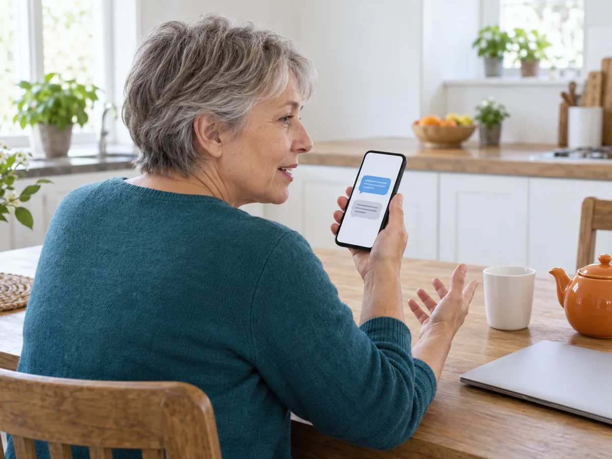 A woman at a kitchen table speaking to a phone that shows two chat bubbles, a closed laptop and an orange teapot beside her