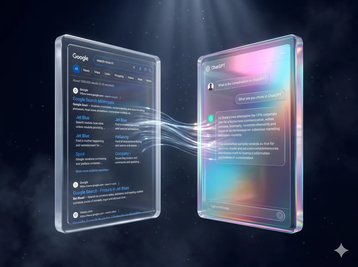 Two glass panels showing Google search and AI chat interfaces