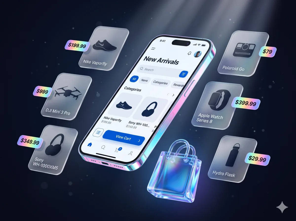 Mobile phone with floating e-commerce product cards