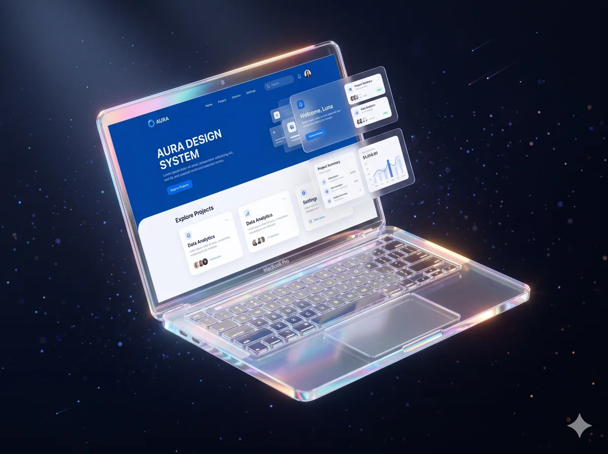 Modern website displayed on floating laptop with blue glassmorphism interface