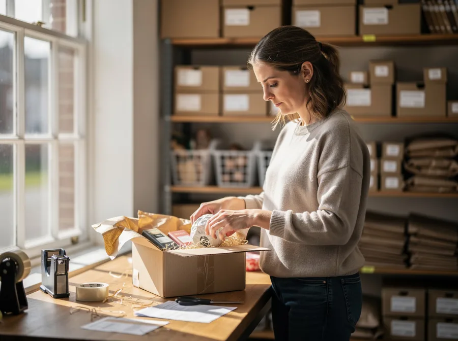 An independent UK online store owner packing a customer order