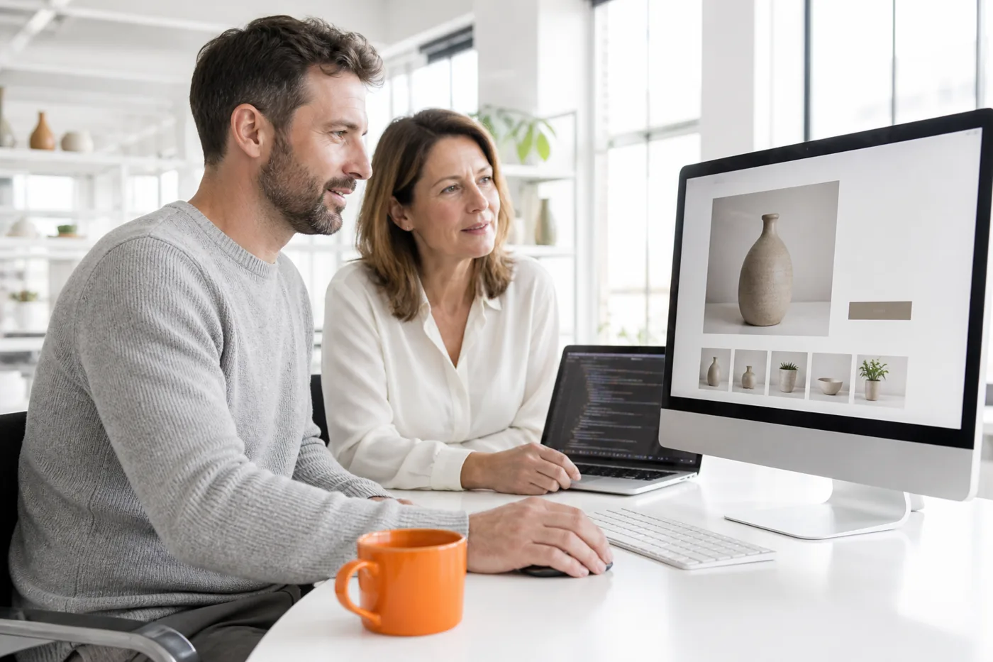 A FactoryJet Shopify developer reviewing a new product page with the owner of a UK homeware brand