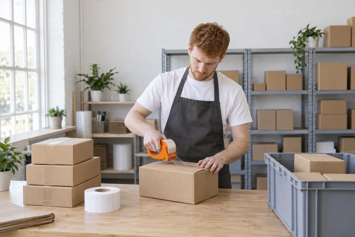 A man in a dark apron tapes a plain cardboard parcel shut at a packing bench beside a stack of sealed parcels and a roll of blank labels