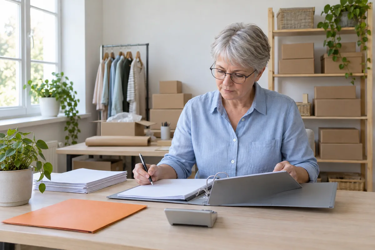 A woman with short grey hair and glasses writes in an open ring binder at a desk beside a stack of paper and an orange folder