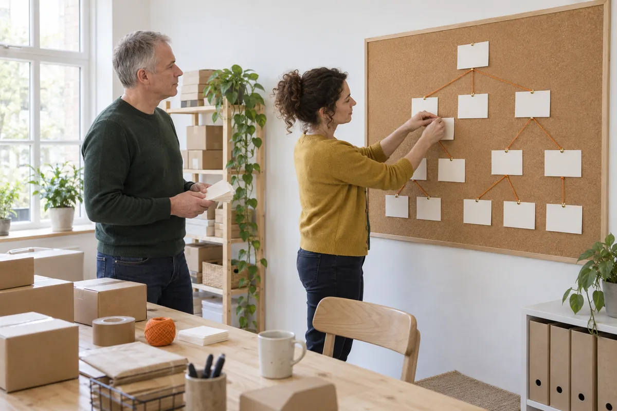 A woman pins blank cards joined by orange string in a tree shape on a cork board while a man holding more cards looks on