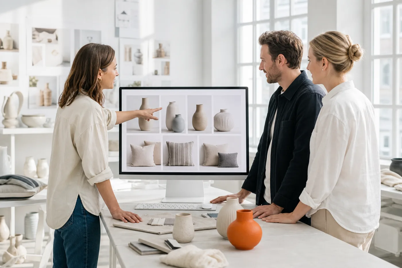 A UK homeware brand team in a bright studio reviewing product photos on their online store on a large monitor
