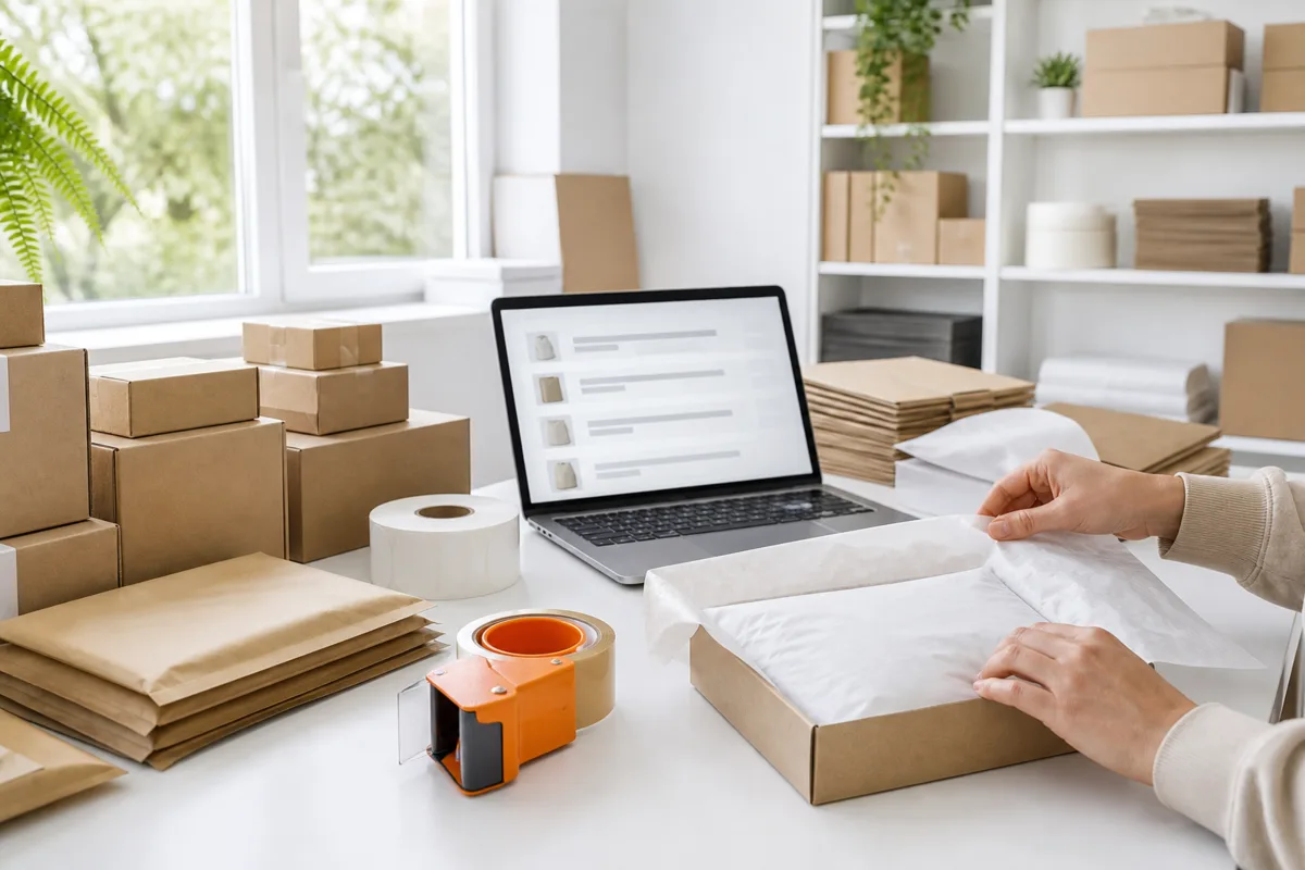 A bright UK packing station with parcels, mailers and a laptop showing an order list while an order is packed