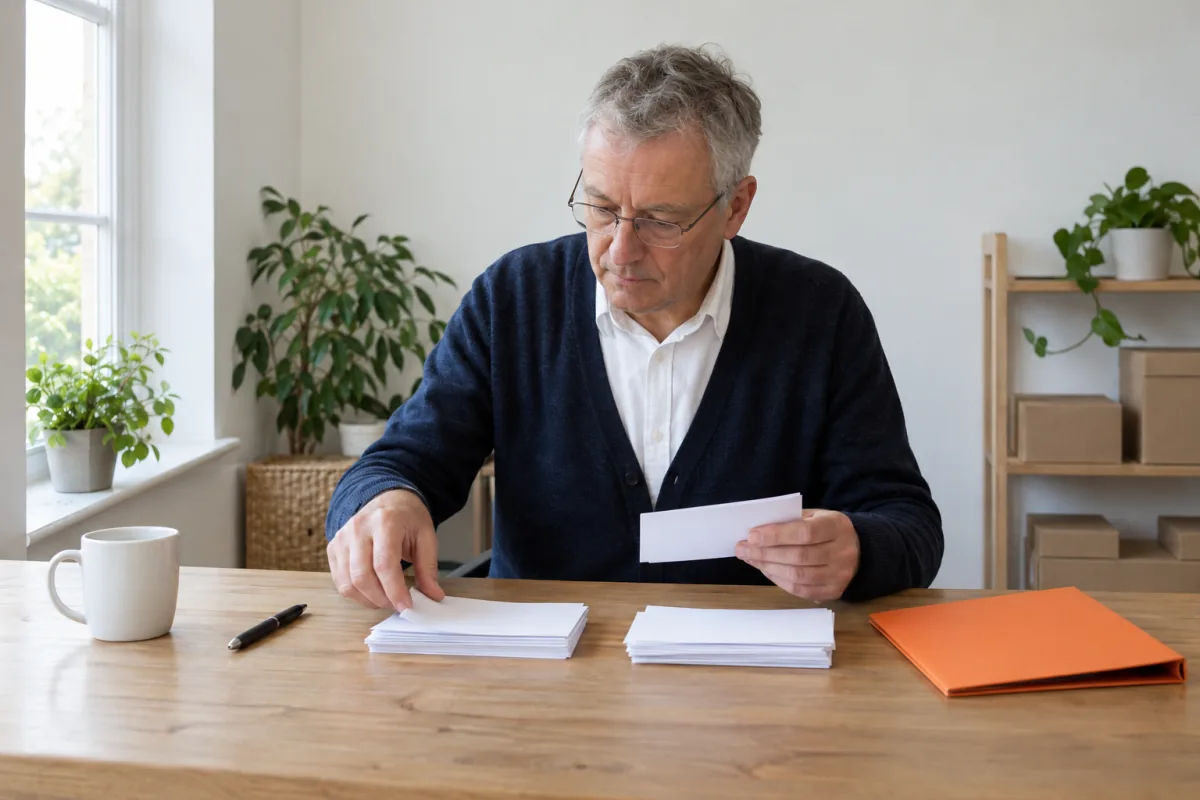 A grey-haired man in glasses and a navy cardigan sorts blank white paper slips into two piles at a wooden desk beside an orange folder