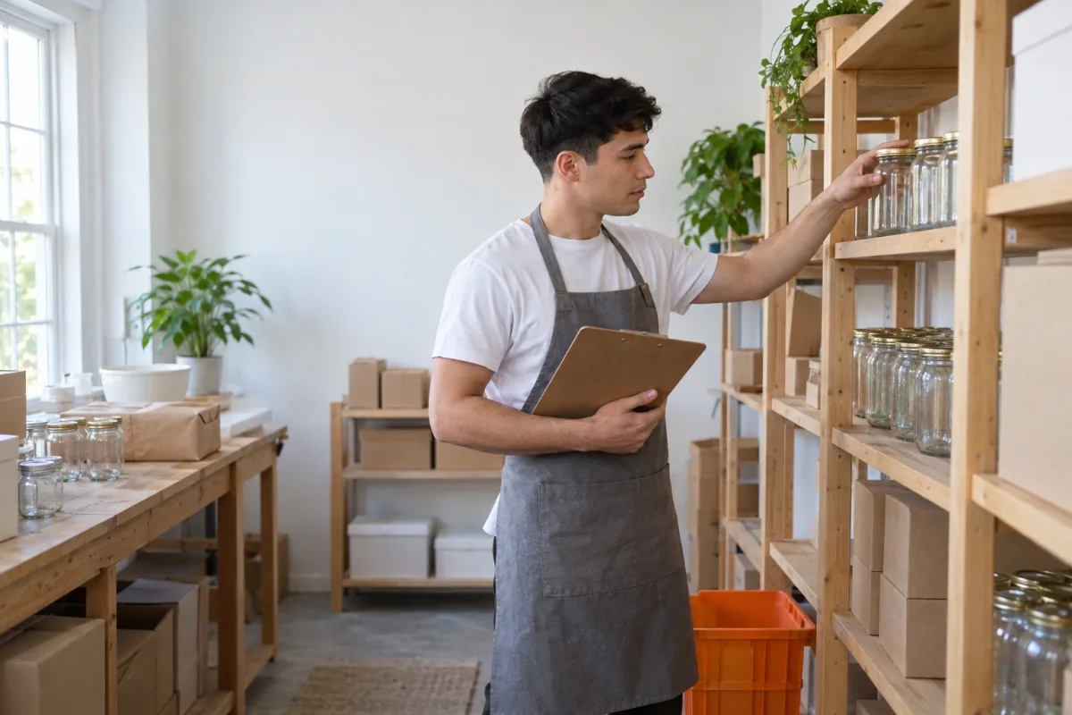A young man in a grey apron holds a clipboard and reaches for a glass jar on a wooden stock room shelf