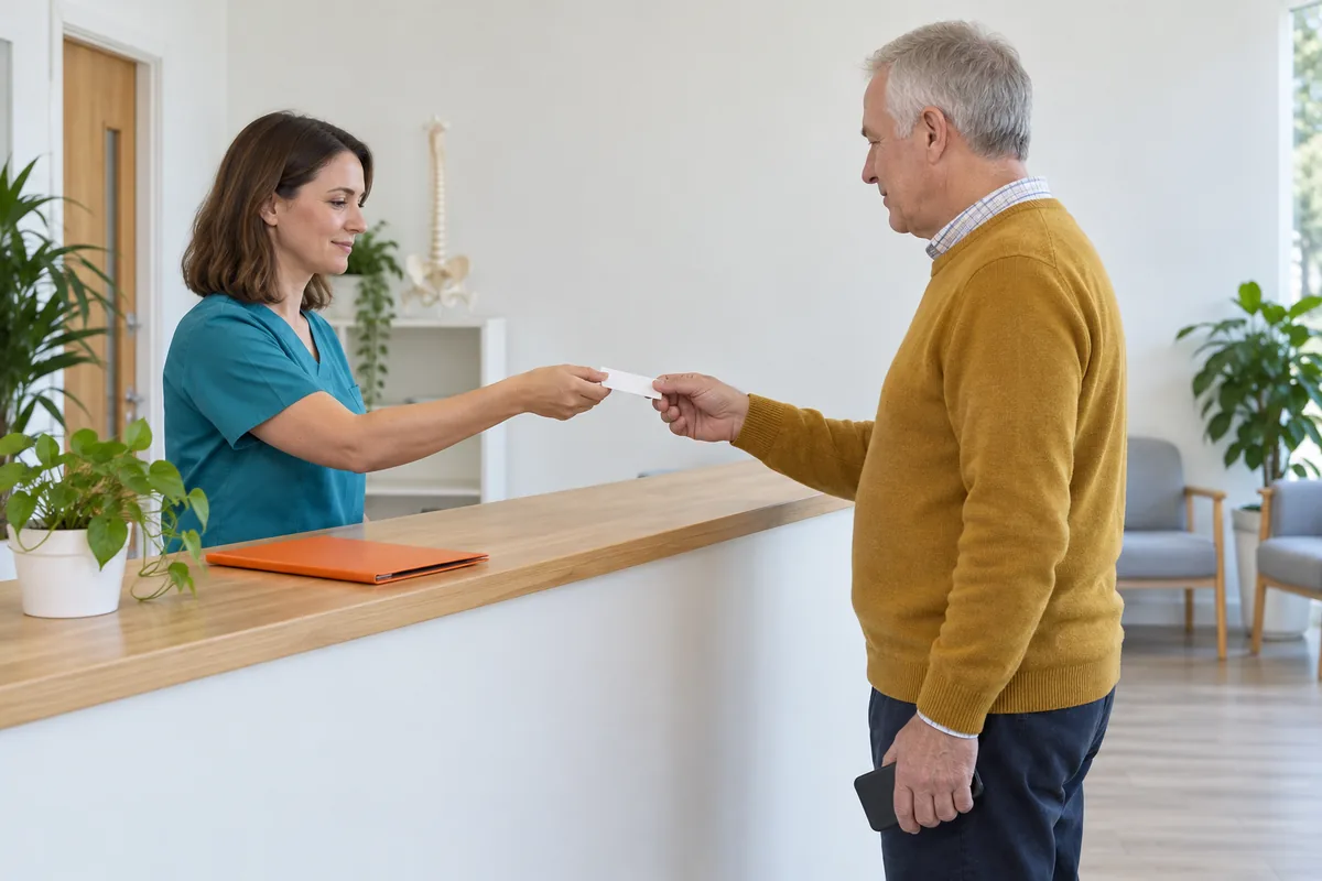 A receptionist in a teal tunic hands a blank appointment card across a wooden clinic counter to a man in a mustard jumper who holds a phone at his side