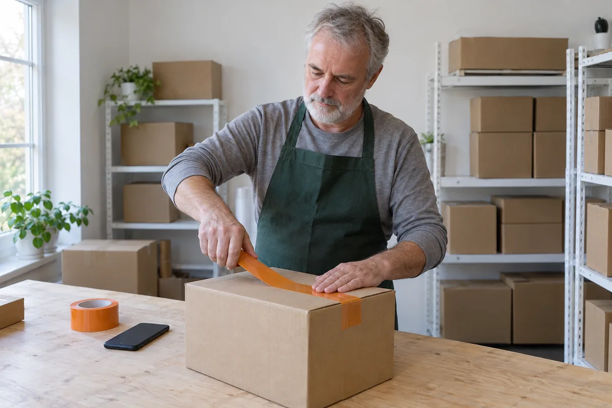 A man with a white beard and a dark green apron presses orange tape across a plain cardboard box on a packing bench, with a phone and a roll of tape beside it