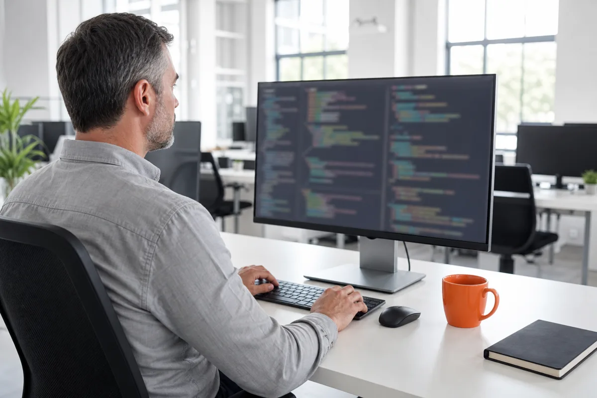 A WooCommerce developer working at a tidy desk in a bright UK office with code on a large monitor and an orange mug beside the keyboard
