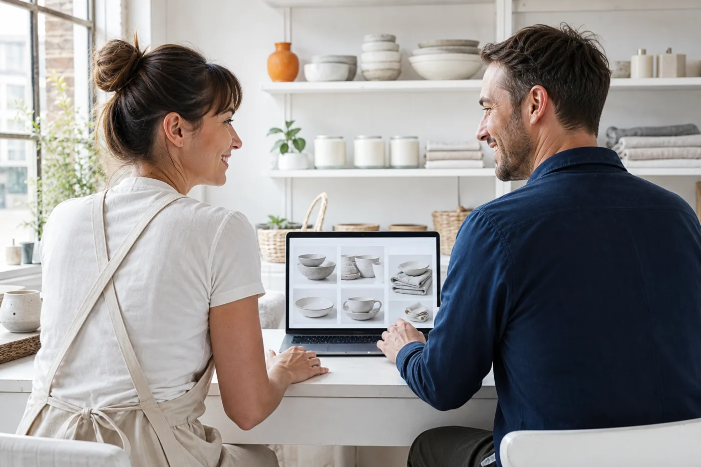 A UK shop owner and a WooCommerce developer looking at an online store on a laptop in a bright workshop with handmade goods on the shelves