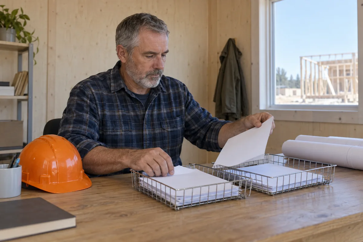A man with a grey beard in a navy plaid flannel shirt sorts blank sheets of paper into two wire trays at a wooden desk in a site office, with an orange hard hat on the desk and a timber house frame outside the window