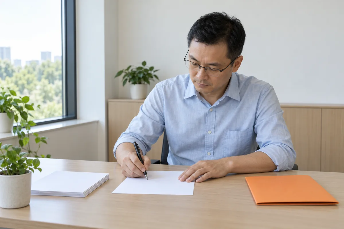 A man in glasses and a light blue shirt holds a pen over a blank sheet of paper at a pale wood desk, with a stack of paper on one side and an orange folder on the other
