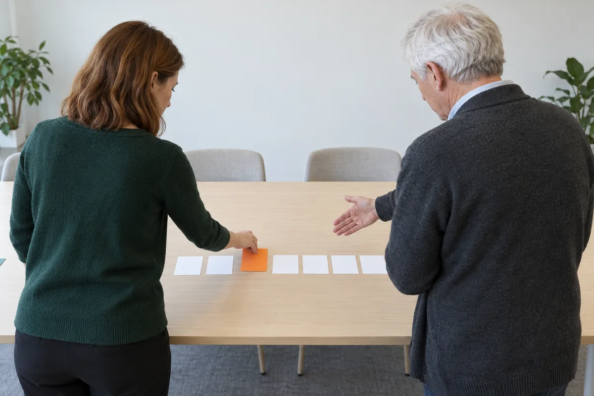 A woman in a dark green sweater and a white-haired man in a charcoal cardigan, seen from behind, stand at a long table where she sets one orange card into a row of six white cards