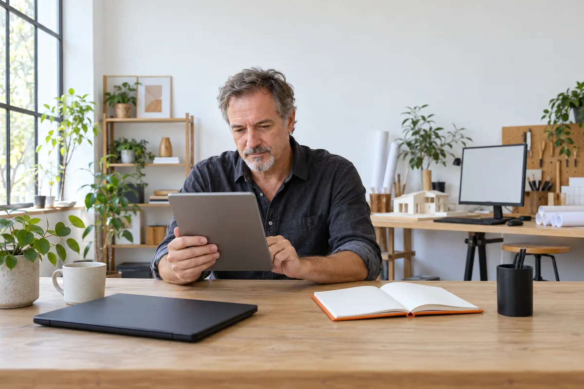 A man with a grey goatee and rolled sleeves reads a tablet at a pale oak table in a small studio, with an open notebook with an orange cover beside him