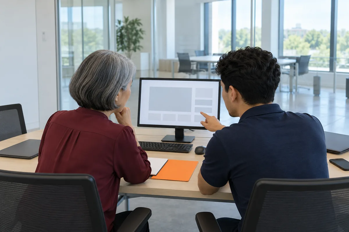 Seen from behind, a woman with a short grey bob and a younger man in a navy polo look at a monitor on a meeting table next to an orange folder