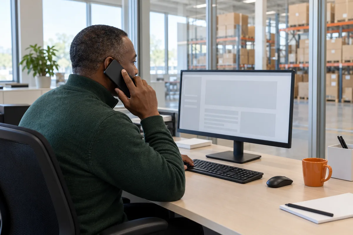 A man in a forest green quarter zip sweater talks on a phone at his desk while looking at a monitor, with shelves of brown cartons behind a glass wall
