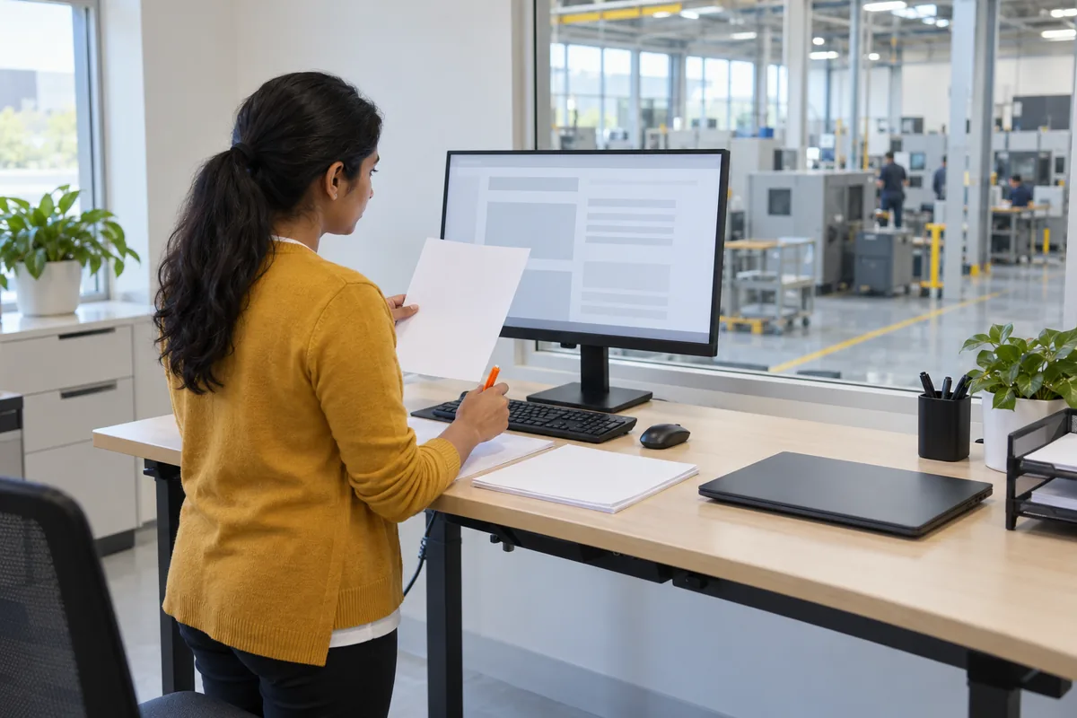 A woman in a mustard cardigan holds a sheet of paper and an orange pen while comparing it with a monitor at a standing desk above a factory floor