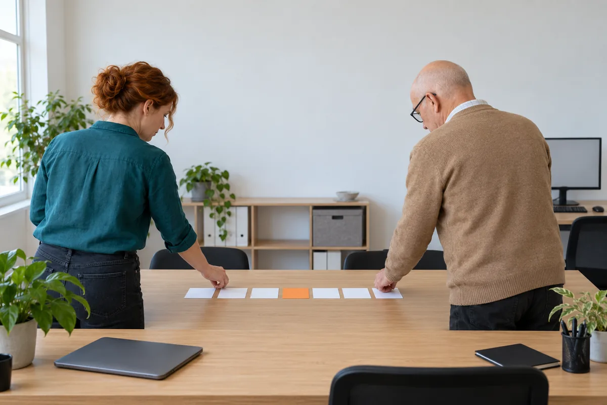 A red haired woman in a teal shirt and a bald man with glasses in a tan cardigan, seen from slightly behind, line up a row of blank white cards with one orange card on a long table