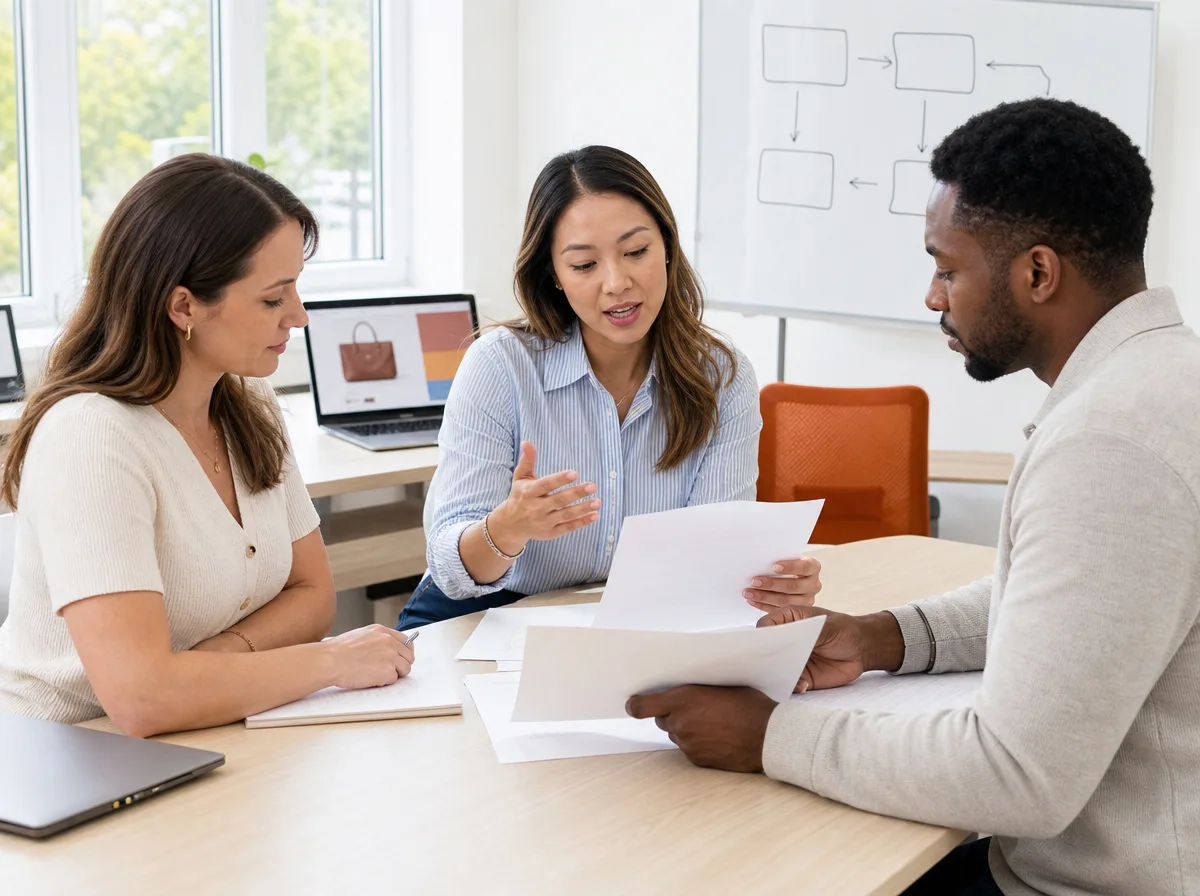 Three colleagues reviewing printed process documents around a table in a bright office, with a workflow diagram on the whiteboard behind them
