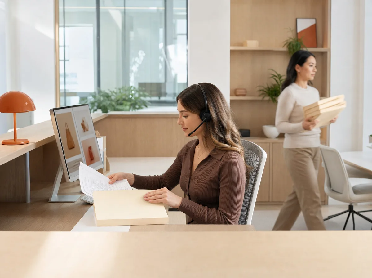 A practice administrator wearing a phone headset works through paper files at a bright front-office desk while a colleague walks past carrying folders