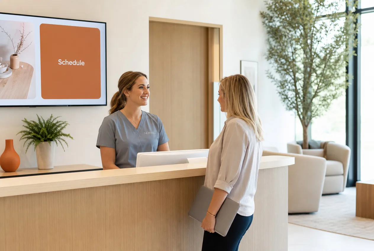 A clinic receptionist in scrubs greets a visitor at a bright, uncluttered front desk, with a wall screen showing a scheduling panel